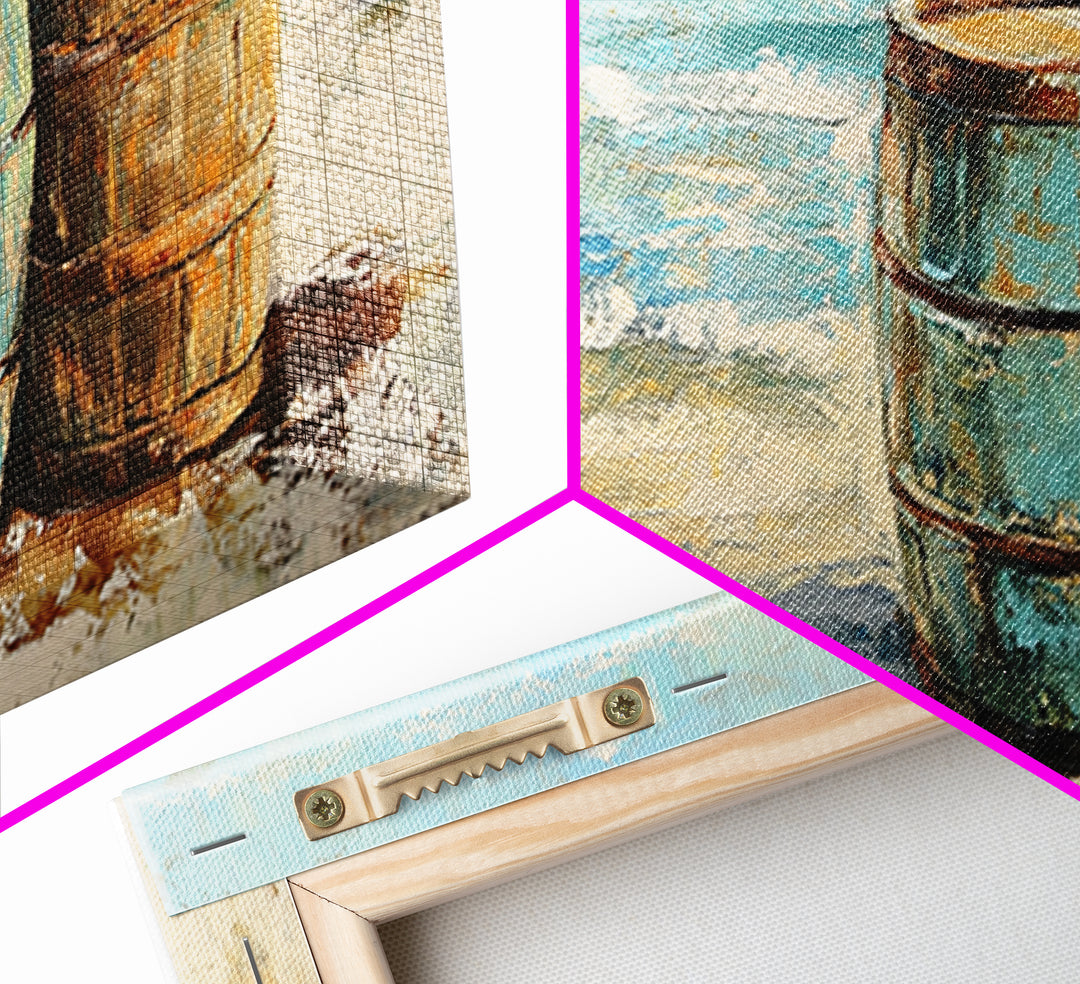 Weathered Barrels On Sandy Beach Wall Art, Coastal Canvas Print, Nautical Beach House Decor, Seascape Ocean Living Room Art