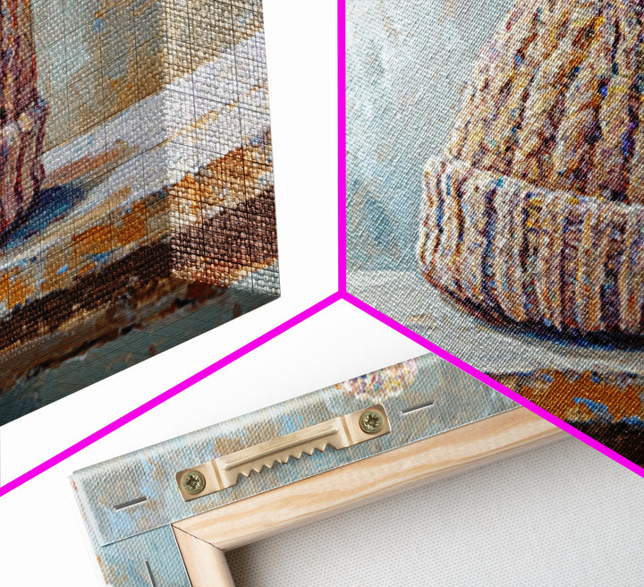 Cozy Knit Beanie Still Life Wall Art, Winter Cabin Decor, Rustic Canvas Print, Neutral Bedroom Art, Gift For Her, Housewarming Gift