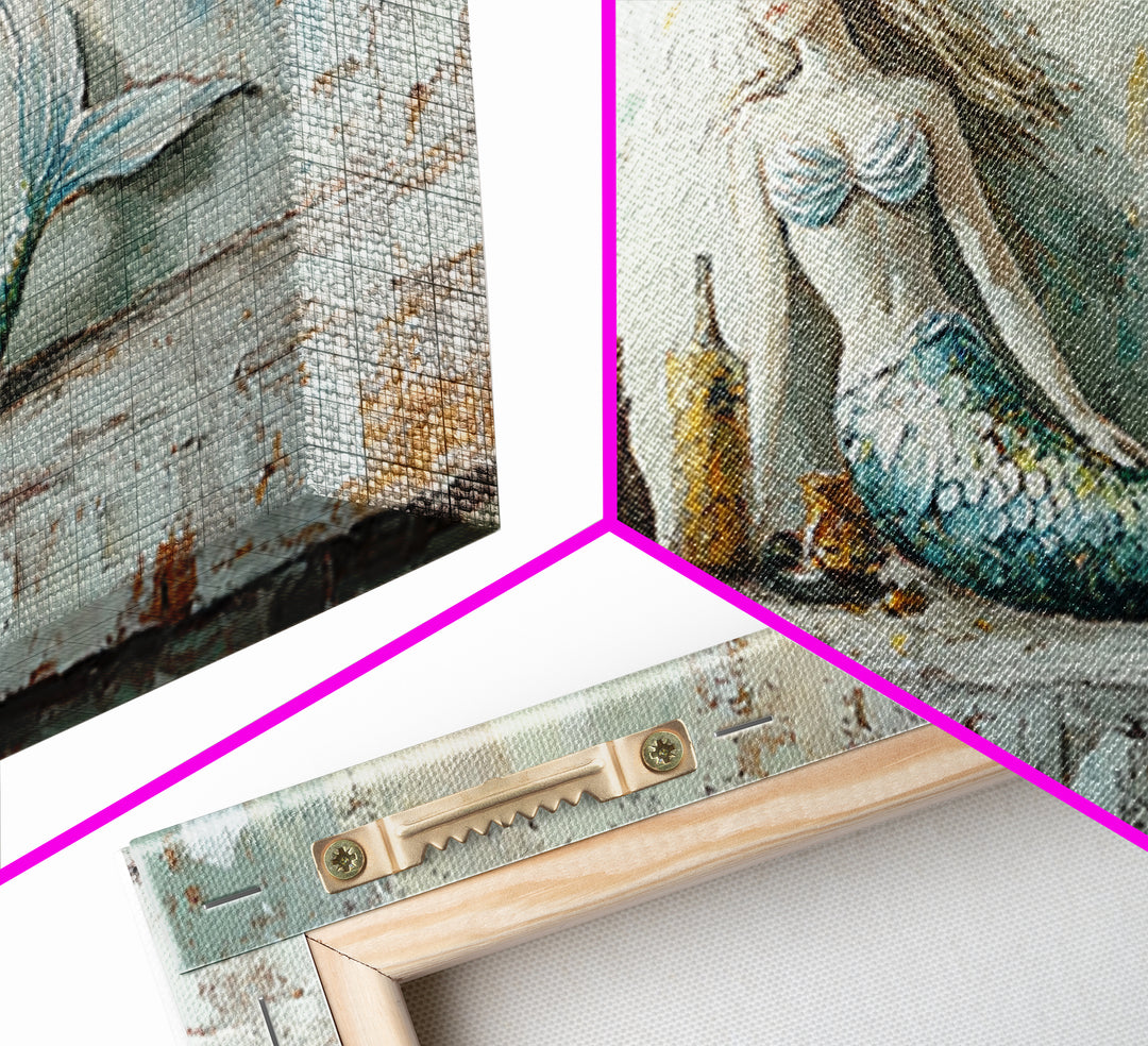 Rustic Mermaid Shelf Still Life Canvas Print, Coastal Wall Art, Beach House Decor, Nautical Bathroom Decor, Gift For Her