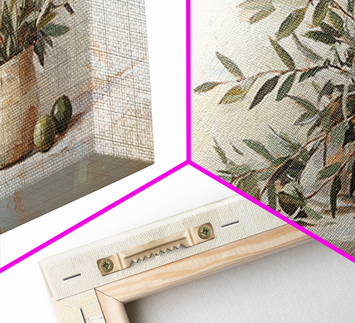 Olive Branches In Ceramic Vase Framed Canvas Print, Neutral Kitchen Decor, Botanical Wall Art, Mediterranean Home Decor Gift