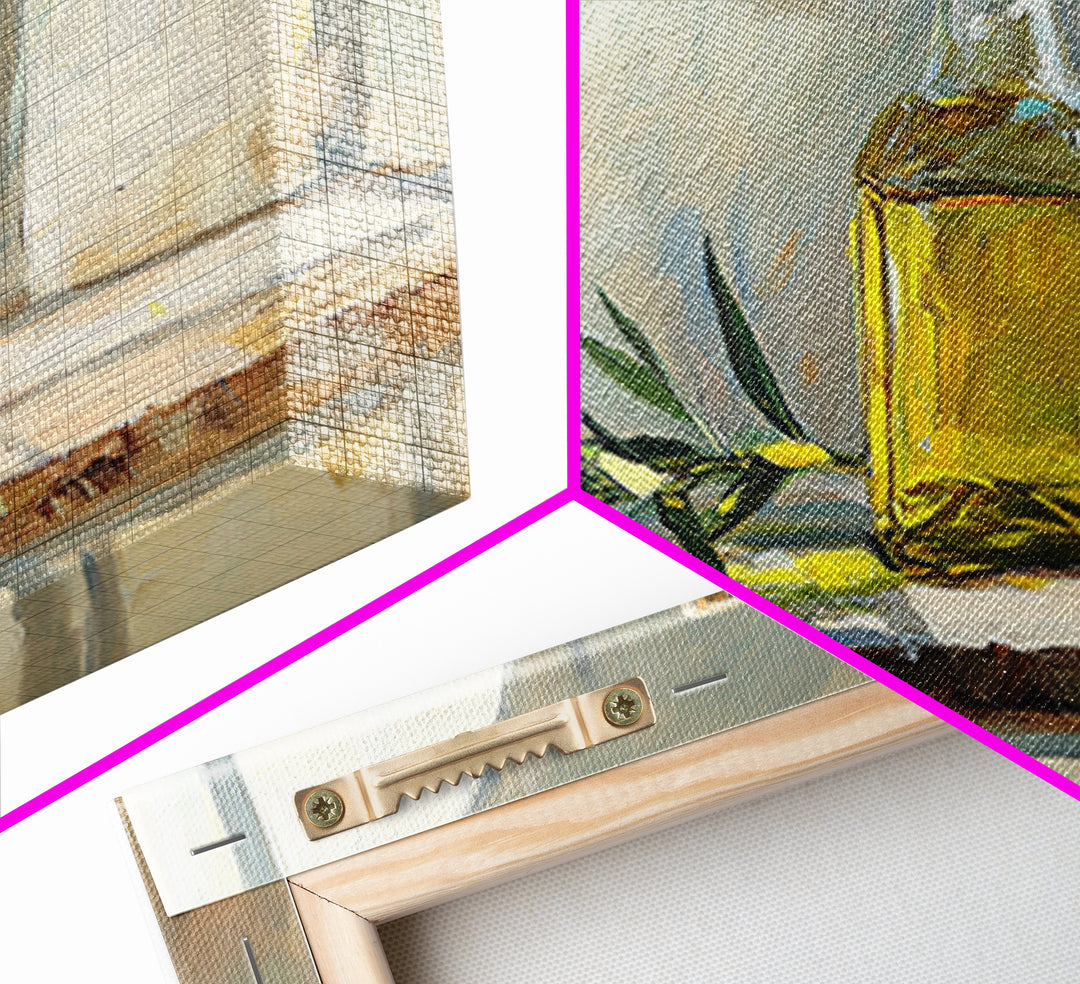 Sunlit Olive Oil Bottle On Rustic Shelf Canvas Print, Mediterranean Kitchen Wall Art, Still Life Painting, Fine Art Print