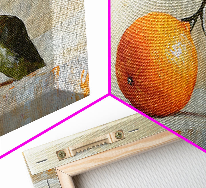 Single Orange With Glossy Green Leaf Canvas Print, Minimalist Kitchen Wall Art, Fruit Still Life, Modern Home Decor Gift