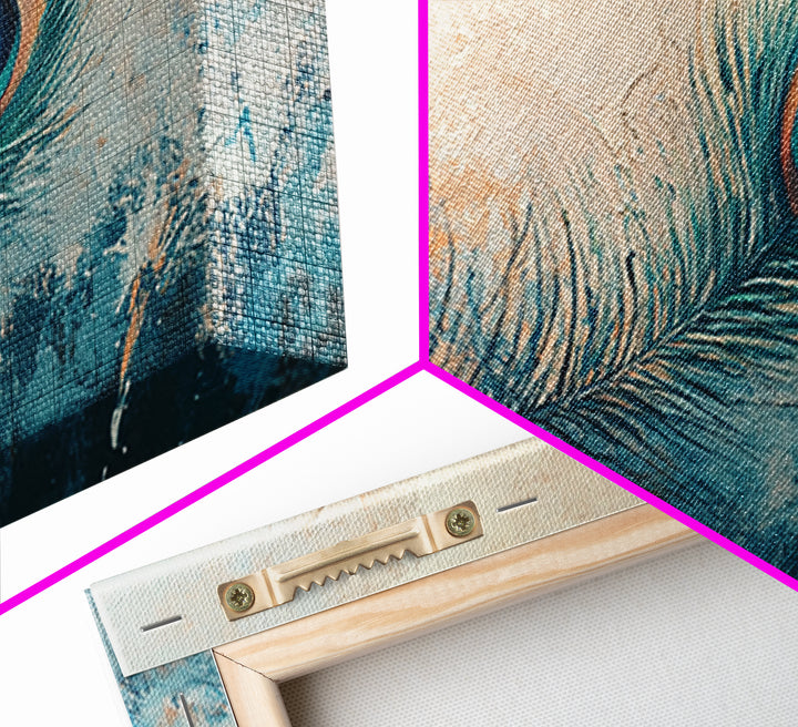 Teal Peacock Feather On Textured Beige Wall Art, Boho Canvas Print, Bird Lover Gift, Eclectic Coastal Home Decor, For Bedroom