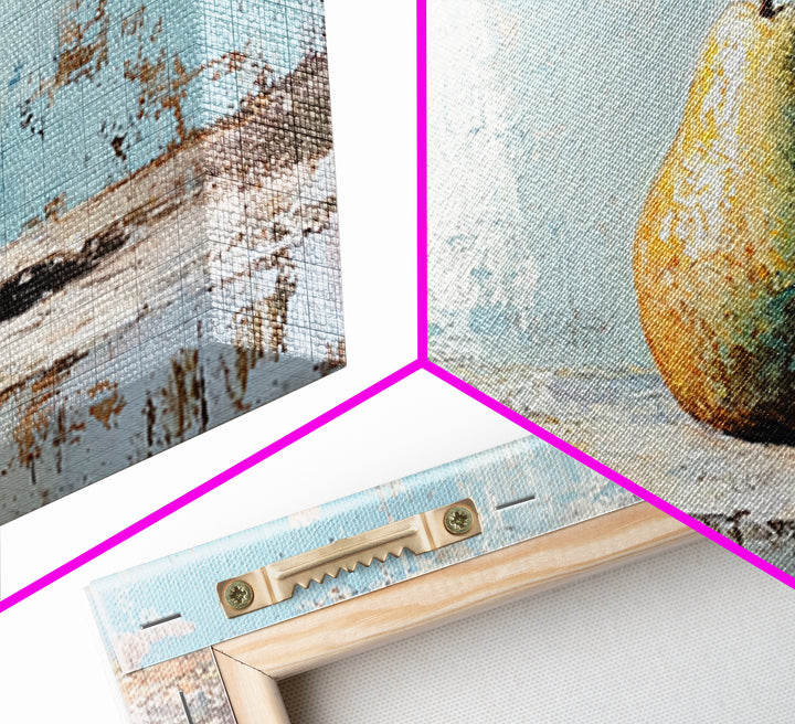 Golden Pear Still Life On Blue Rustic Canvas Print, Kitchen Wall Art, Farmhouse Fruit Decor, Neutral Home Decor, For Dining Room