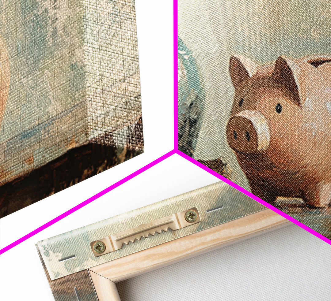 Pink Piggy Bank And Rustic Vase Wall Art, Whimsical Farmhouse Decor, Nursery Animal Canvas Print, Housewarming Gift, Gift For Her