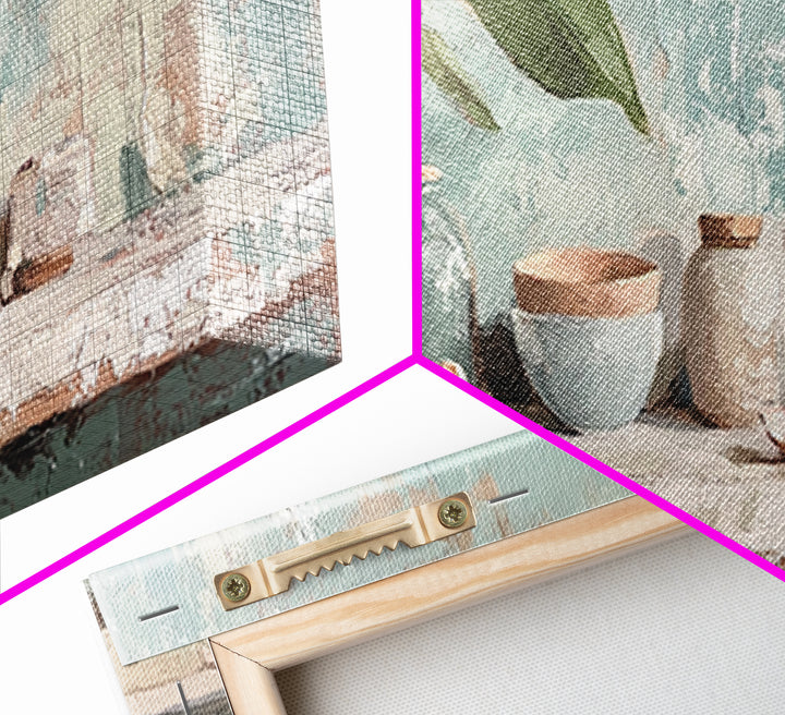 Potted Plant And Ceramic Bowl Canvas Print, Botanical Wall Art, Japandi Kitchen Decor, Neutral Home Decor For Living Room