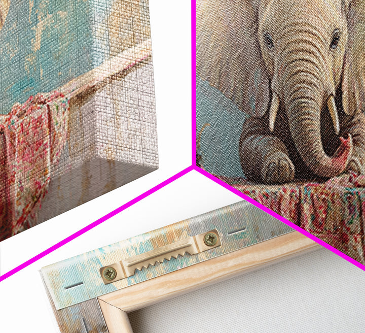 Baby Elephant With Flowers Framed Canvas Print, Safari Nursery Wall Art, Animal Wall Decor, Whimsical Kids Room Decor, Baby Shower Gift