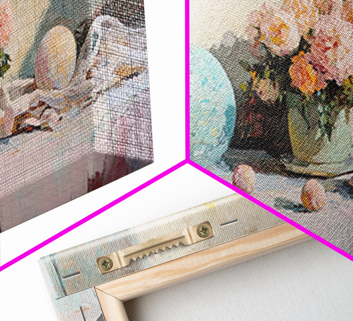 Pastel Orbs And Pink Flowers Canvas Print, Feminine Floral Wall Art, Dreamy Still Life Decor, Soft Bedroom Wall Decor For Her