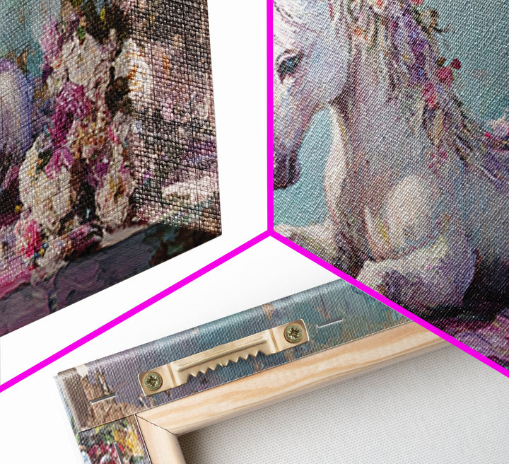 White Unicorn With Floral Garland Canvas Print, Fantasy Nursery Wall Art, Whimsical Girls Room Decor, Magical Gift For Her