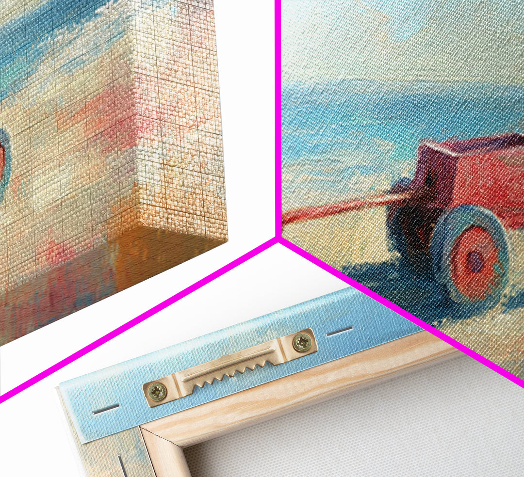Red Toy Wagon On Sandy Beach Canvas Print, Coastal Nursery Wall Art, Whimsical Ocean Decor, Summer Kids Room Decor Print