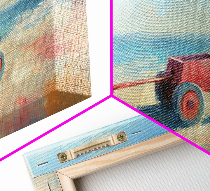 Red Toy Wagon On Sandy Beach Canvas Print, Coastal Nursery Wall Art, Whimsical Ocean Decor, Summer Kids Room Decor Print