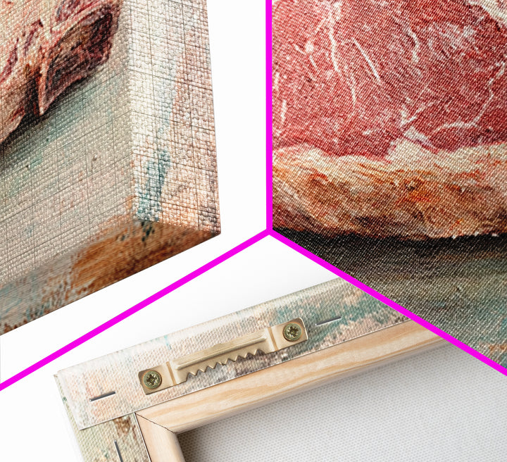 Raw Steak Oil Painting Canvas Print, Butcher Shop Kitchen Wall Art, Rustic Food Decor, Dining Room Art For Chefs, Restaurant Decor