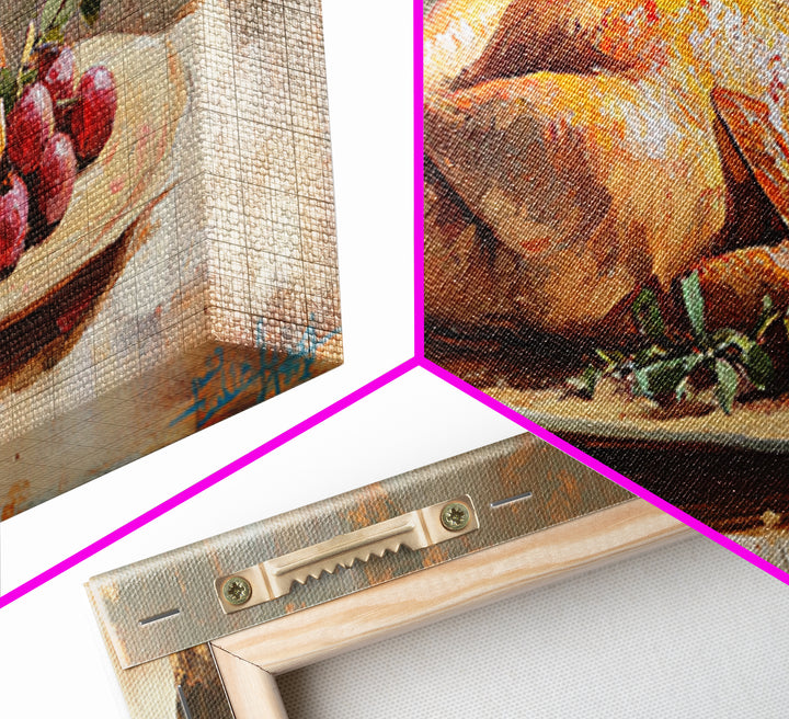 Roast Chicken And Grapes Oil Painting Wall Art, Rustic Kitchen Decor, Foodie Gift, Farmhouse Dining Room Canvas Print For Chefs