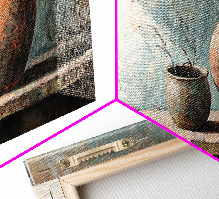 Rustic Terracotta Vase Still Life Wall Art, Earth Tone Kitchen Decor, Farmhouse Canvas Print, Warm Neutral Living Room Art
