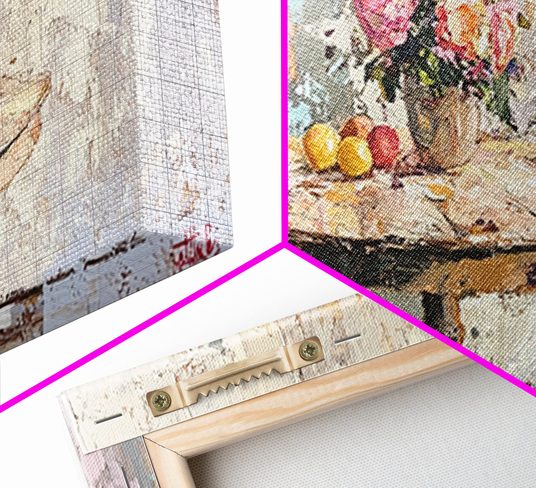 Round Cafe Table With Roses And Fruit Wall Art, French Country Kitchen Decor, Floral Still Life Canvas Print, Housewarming Gift