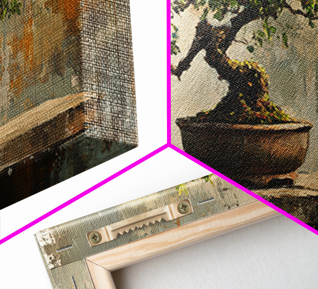 Textured Bonsai Tree In Rustic Pot Framed Canvas Print, Japandi Zen Home Decor, Nature Wall Art, Office Decor Housewarming Gift