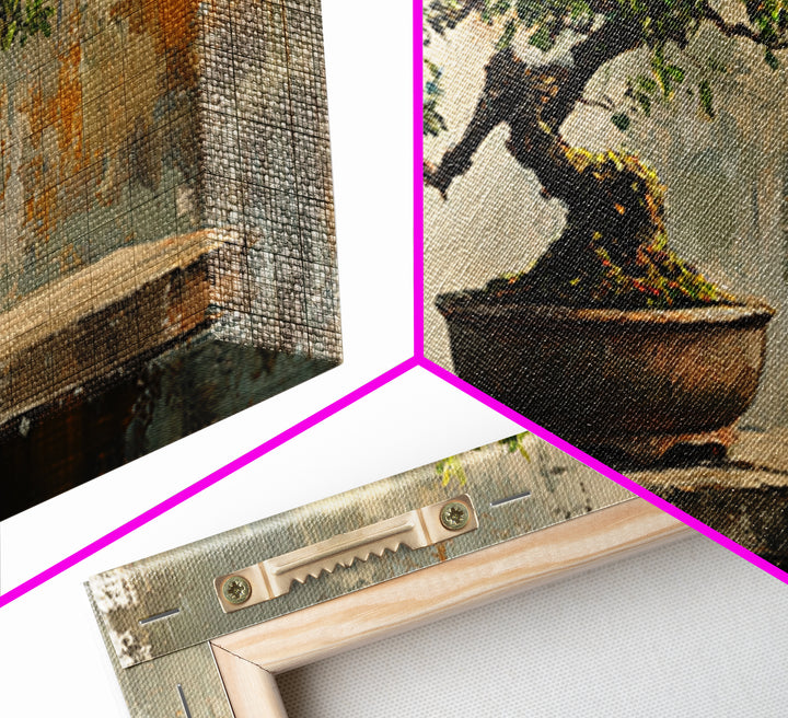 Textured Bonsai Tree In Rustic Pot Framed Canvas Print, Japandi Zen Home Decor, Nature Wall Art, Office Decor Housewarming Gift