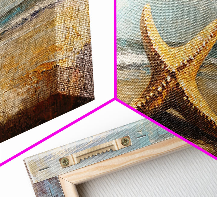 Golden Starfish On Sandy Beach Canvas Print, Coastal Wall Art, Ocean Wall Decor, Beach House Decor, Summer Home Decor Gift
