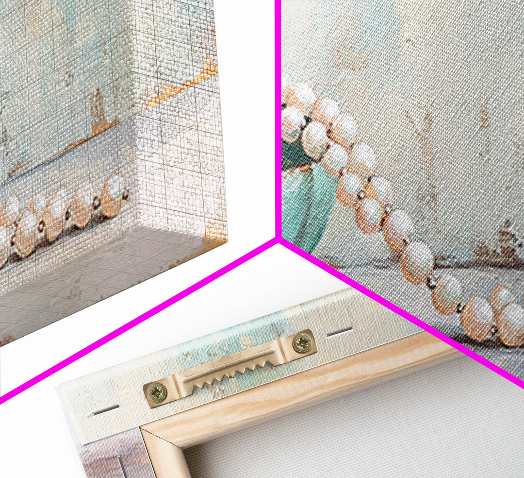 Turquoise Bowl With Pearl Strand Wall Art, Feminine Still Life Art Print, Coastal Bathroom Decor, Elegant Home Decor Gift