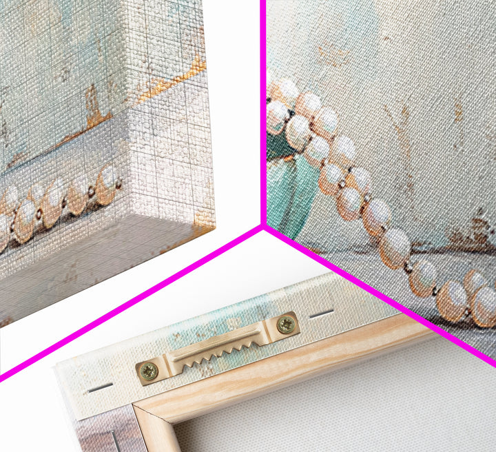 Turquoise Bowl With Pearl Strand Wall Art, Feminine Still Life Art Print, Coastal Bathroom Decor, Elegant Home Decor Gift