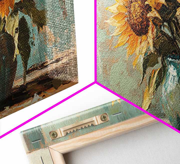 Sunflowers In Turquoise Pitcher Wall Art, Rustic Floral Decor, Country Kitchen Art Print, Farmhouse Framed Canvas Print Gift