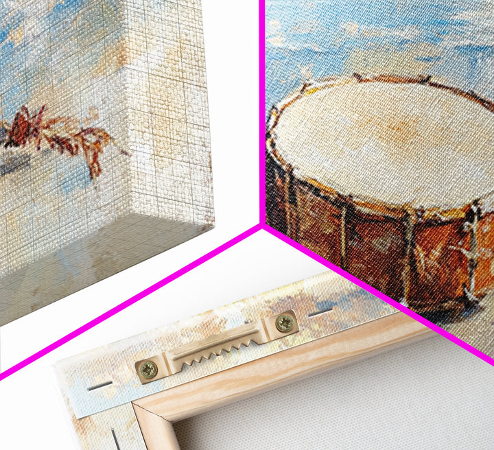 Weathered Beach Drum At Sunrise, Coastal Seascape Framed Canvas Print, Ocean Wall Art, Nautical Decor, Beach House Decor Gift
