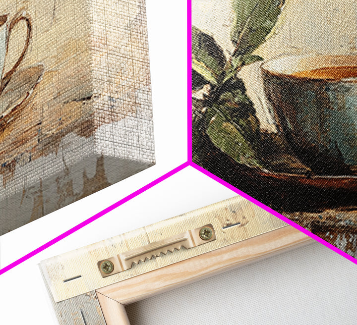 Leafy Coffee Cup Still Life, Rustic Kitchen Canvas Print, Botanical Wall Art, Coffee Bar Decor, Neutral Home Decor Housewarming Gift
