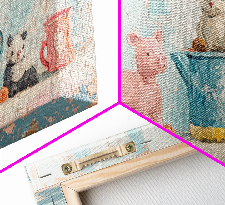 Sweet Farm Animal Toys On Shelf Wall Art, Whimsical Nursery Canvas Print, Kids Room Decor, Baby Animal Art, Gift, Playroom Decor