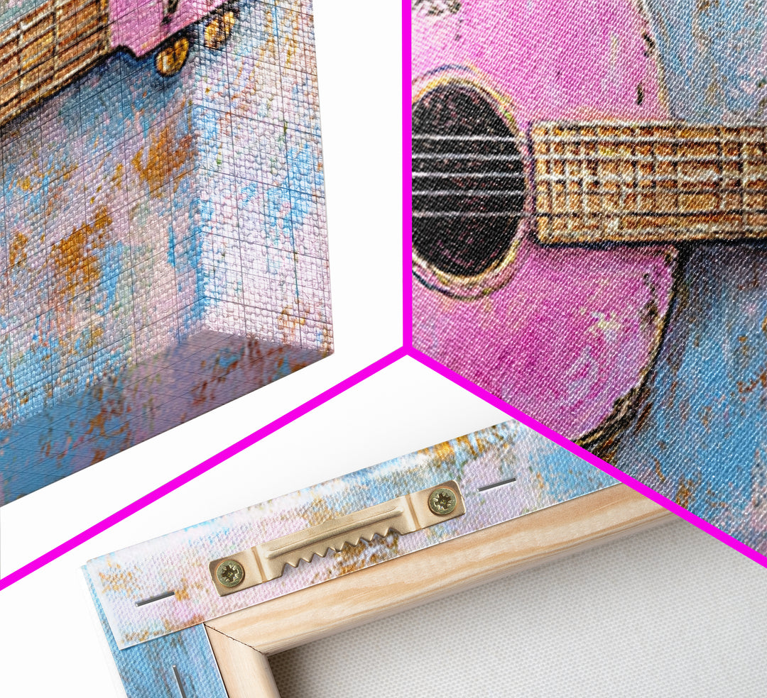 Pink Acoustic Guitar Painting Canvas Print, Music Studio Wall Art, Retro Music Room Decor, Gift For Guitar Lover And Home Decor