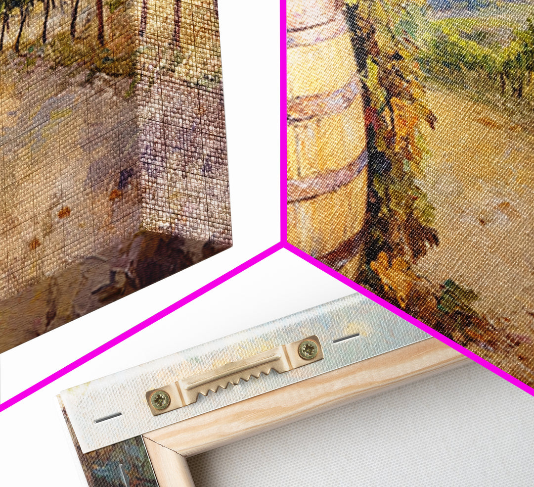 Wine Barrel And Grapes Vineyard Landscape Canvas Print, Winery Wall Art, Rustic Kitchen Decor, French Country Decor, Gift For Wine Lover