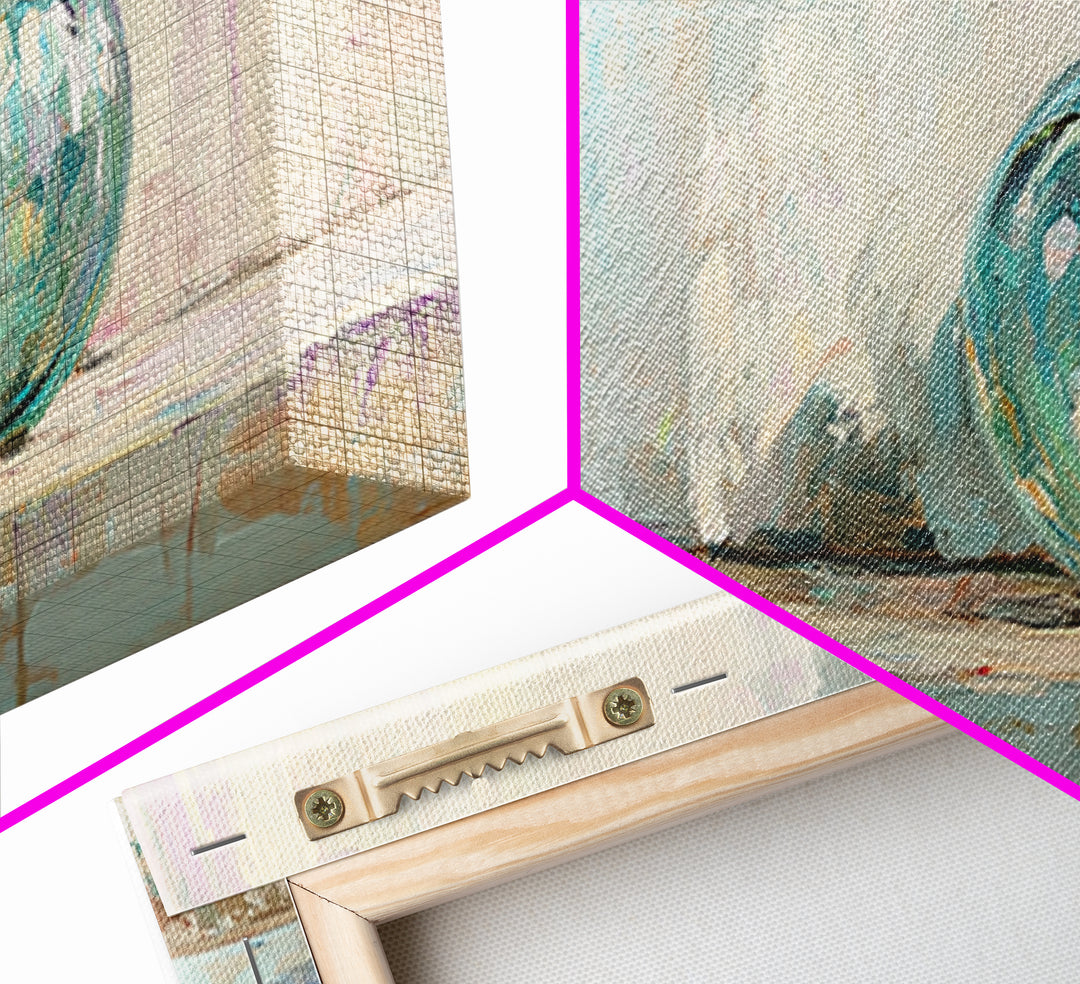 Aqua Glass Bottle Still Life Framed Canvas Print, Coastal Wall Art, Minimalist Decor, Modern Home Decor, Housewarming Gift