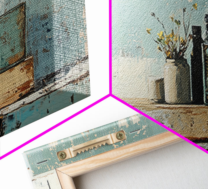 Rustic Blue Shelf Still Life Wall Art, Textured Coastal Farmhouse Kitchen Decor, Neutral Living Room Art Print, Housewarming Gift
