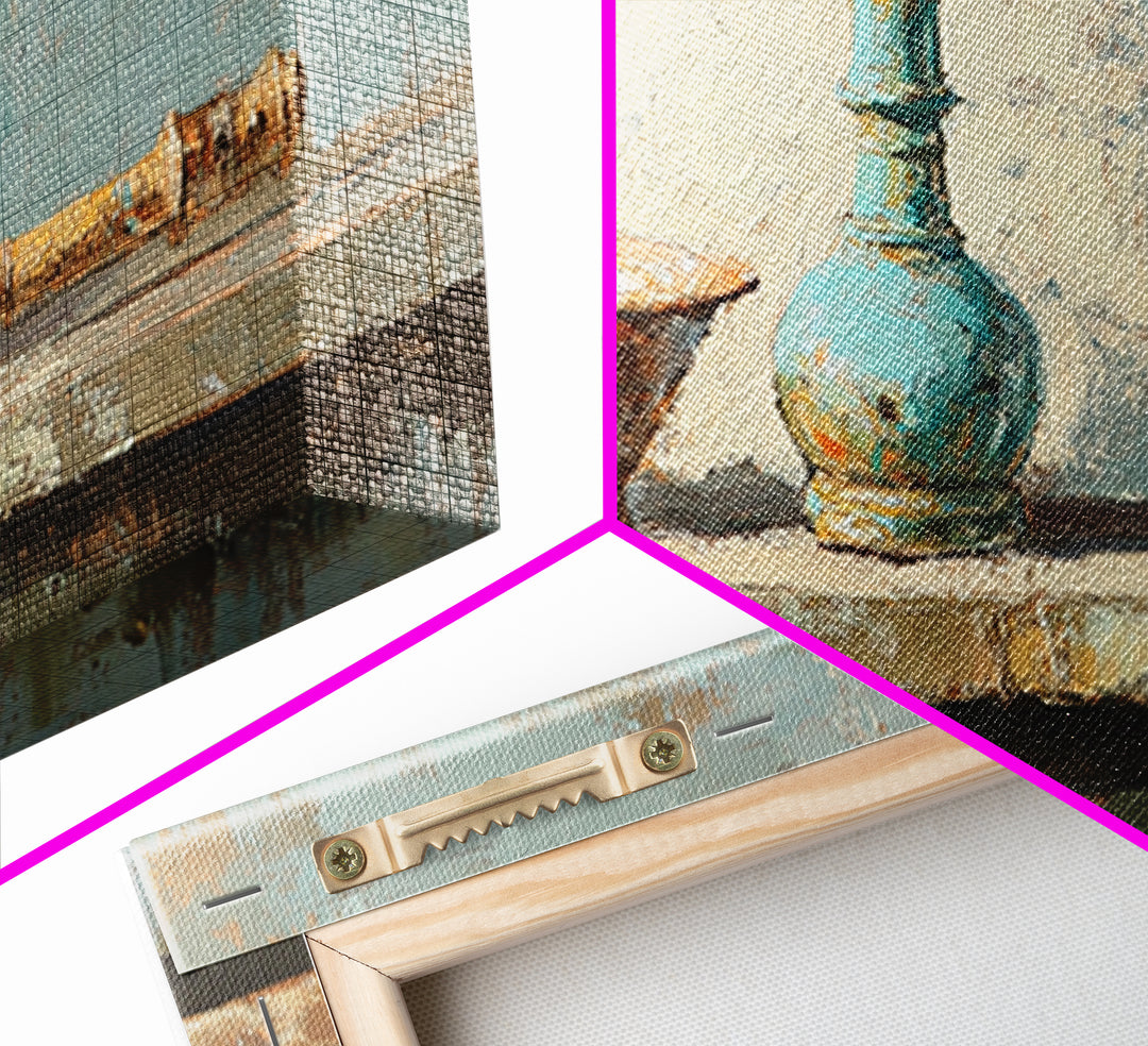 Turquoise Vase And Rustic Bowl Wall Art, Textured Still Life Canvas Print, Neutral Farmhouse Decor For Living Room Housewarming Gift