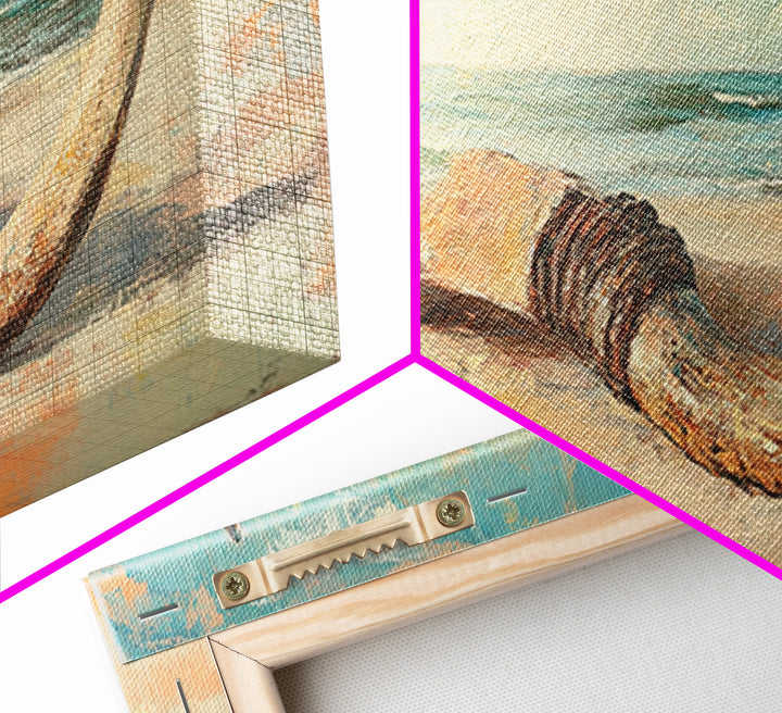 Weathered Horn On Sandy Shore Wall Art, Coastal Beach House Decor, Nautical Canvas Wall Art, Rustic Seascape Gift For Living Room Decor