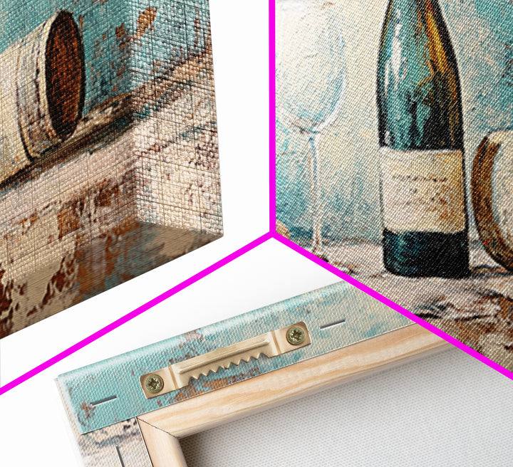 Wine Bottle With Glass And Grapes Canvas Print, Winery Kitchen Wall Art, Rustic Bar Cart Decor, Vineyard Housewarming Gift