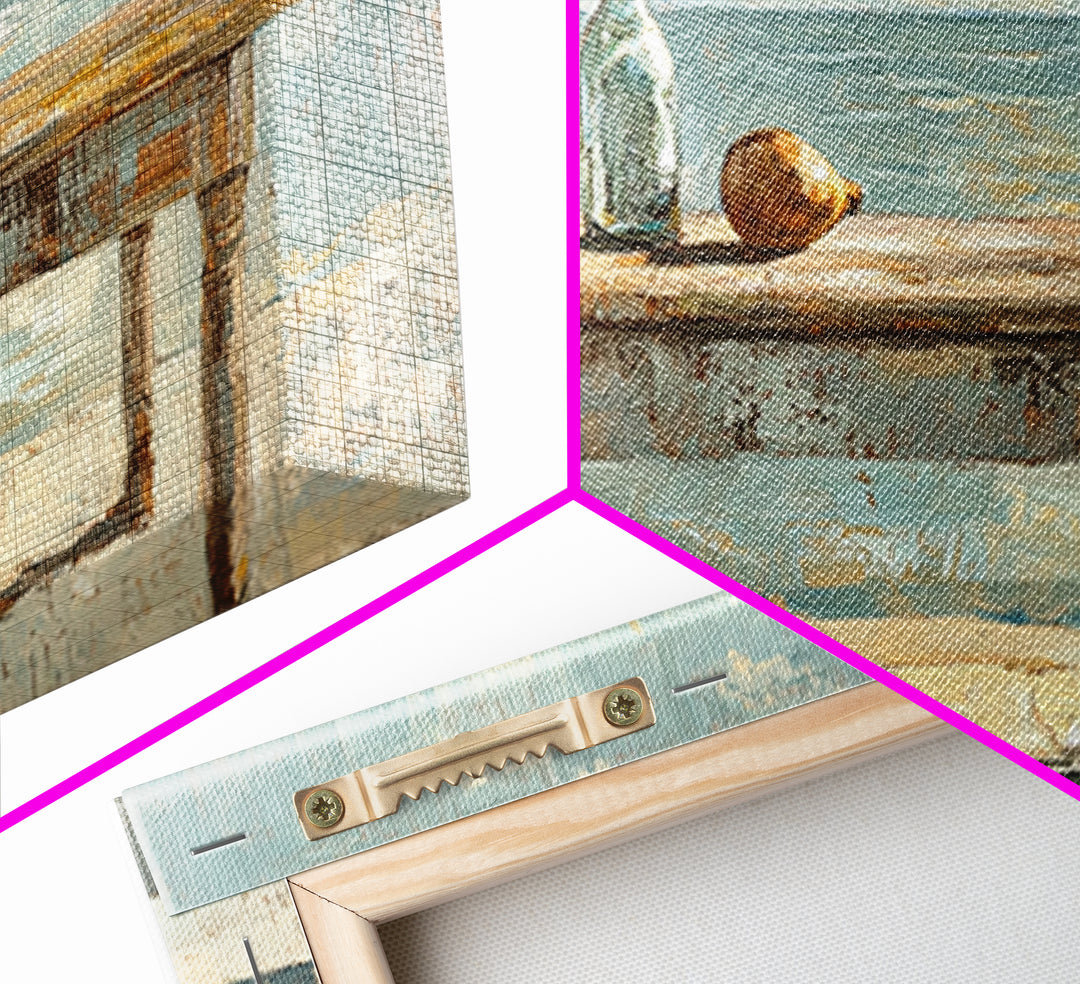 Weathered Seaside Table With Bottle Canvas Print, Coastal Wall Art, Beach House Decor, Ocean Painting, Nautical Living Room Decor