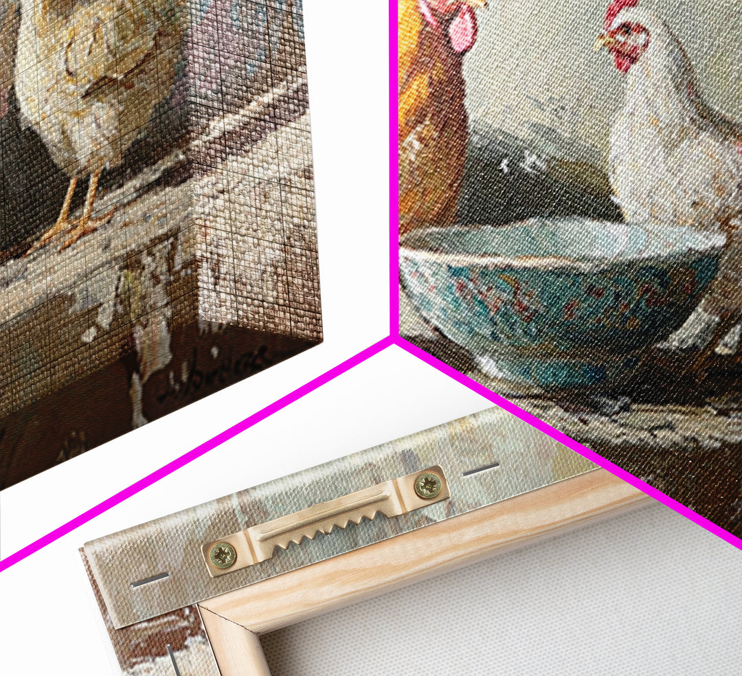Rustic Farm Chickens And Blue Bowl Wall Art, Farmhouse Canvas Print, Country Kitchen Decor, Animal Wall Art, Housewarming Gift