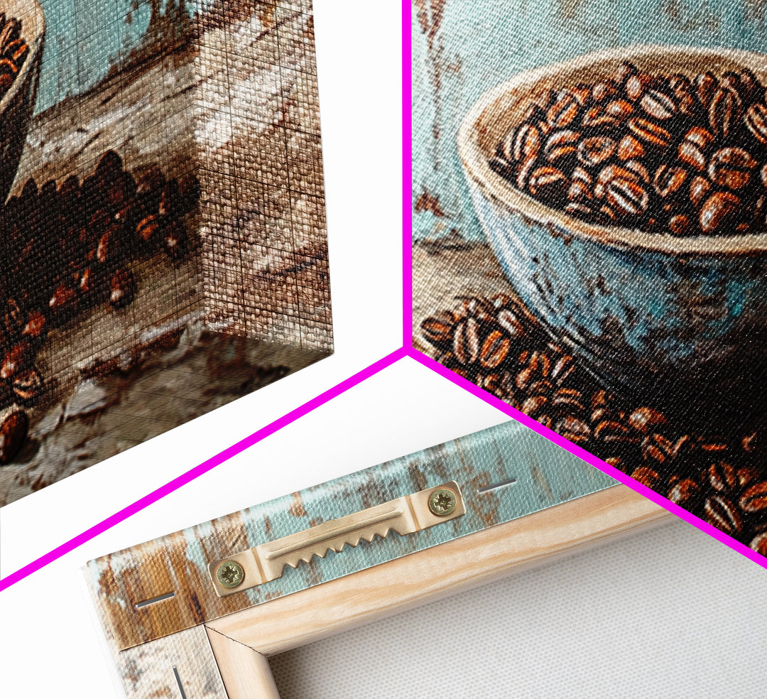 Coffee Beans In Weathered Blue Bowl Wall Art, Coffee Bar Canvas Print, Rustic Kitchen Decor, Cafe Wall Art, Gift For Coffee Lover
