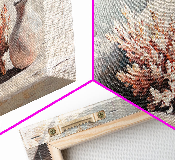 Soft Coral Bouquet And Ceramic Vase Wall Art, Coastal Still Life Print, Neutral Beach House Decor, Modern Home Decor Gift