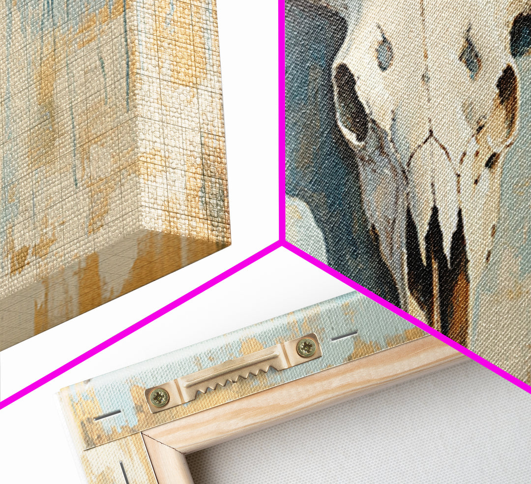 Longhorn Skull On Rustic Blue Plaster Wall Art, Western Ranch Decor, Southwestern Home Decor, Cowboy Canvas Art Print Gift