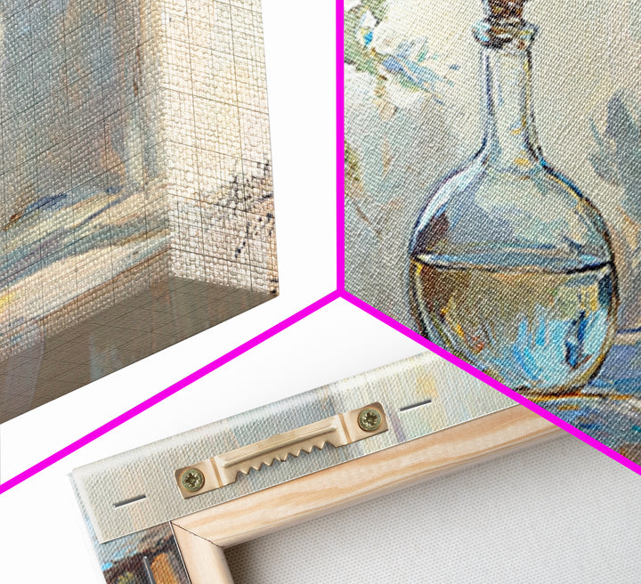 Sunlit Glass Decanter With Blue Flowers Framed Canvas Print, Impressionist Still Life, Neutral Home Decor, Dining Room Wall Art