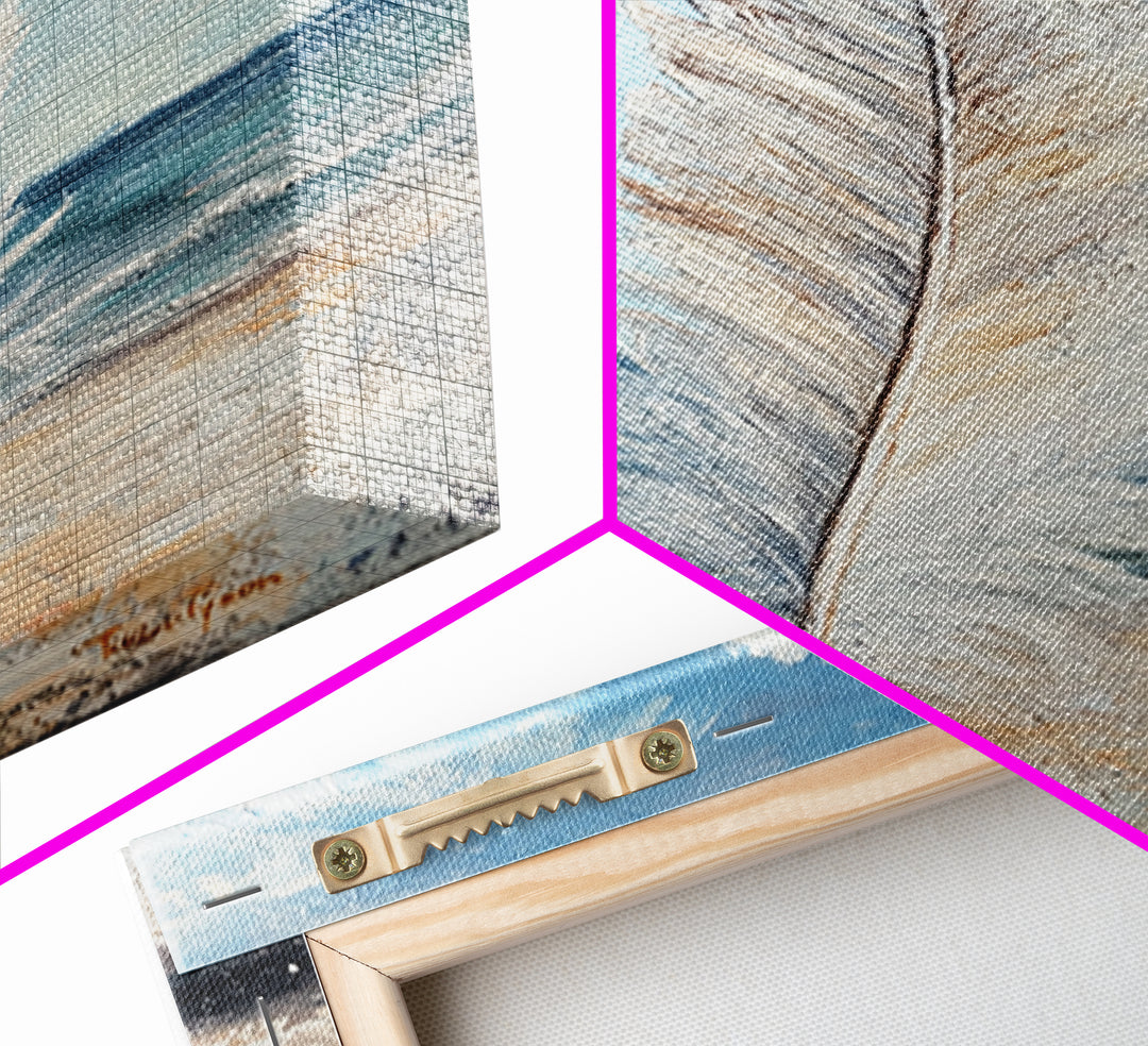 White Feather On Ocean Shore Canvas Print, Coastal Beach Wall Art, Serene Seascape Painting For Calm Bedroom And Beach House Decor
