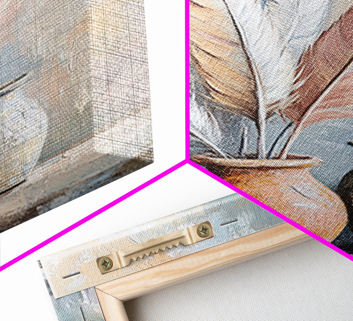 Soft Neutral Feathers In Ceramic Vases Framed Canvas Print, Boho Coastal Wall Art, Japandi Living Room Decor Gift For Bedroom
