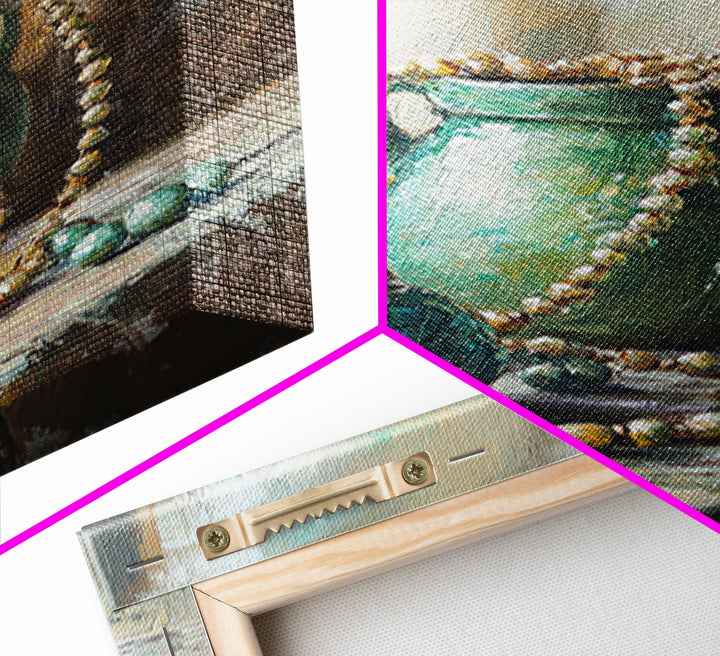 Turquoise Vases With Pearl Beads Still Life Wall Art, Elegant Framed Canvas Print For Bedroom Office Decor Gift For Her