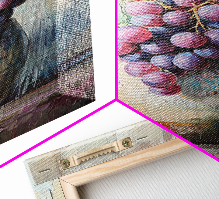 Purple Grapes In Rustic Ceramic Vase Wall Art, Vineyard Still Life Oil Painting, Wine Kitchen Decor, Farmhouse Canvas Print