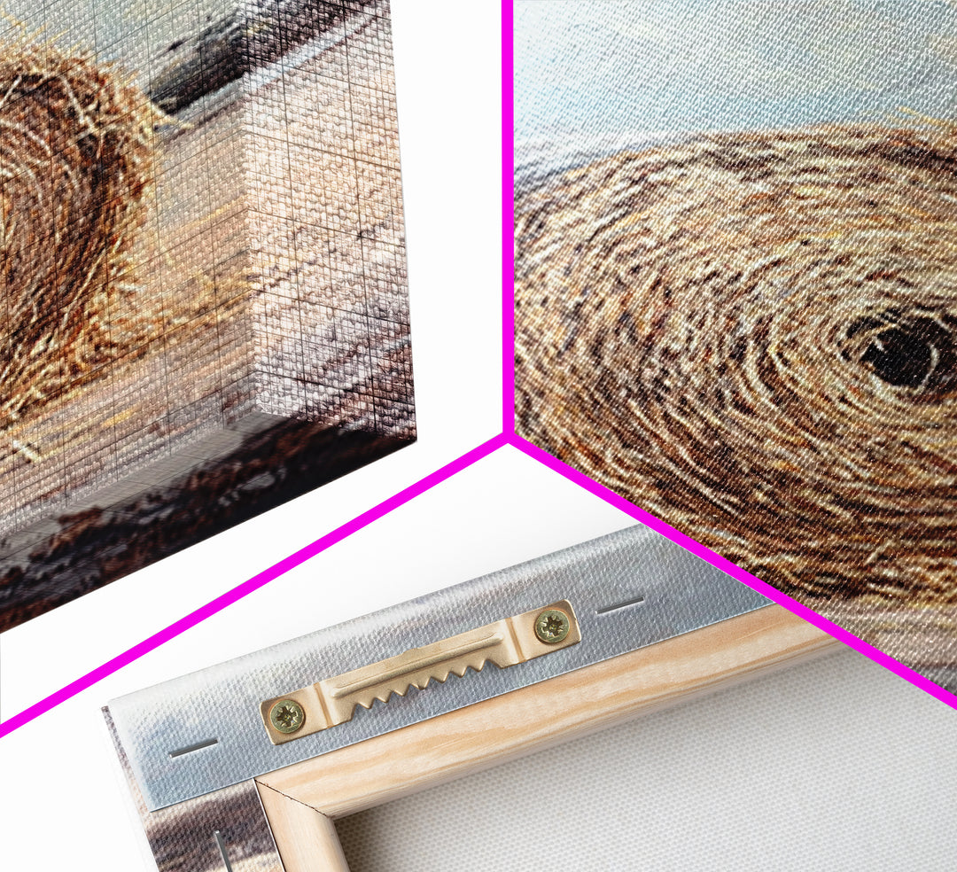 Round Hay Bale Field Wall Art, Rustic Farmhouse Landscape Painting, Country Home Decor, Neutral Large Canvas Print Gift For Her