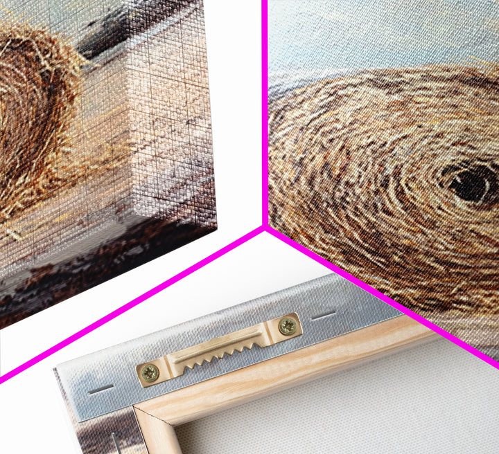 Round Hay Bale Field Wall Art, Rustic Farmhouse Landscape Painting, Country Home Decor, Neutral Large Canvas Print Gift For Her