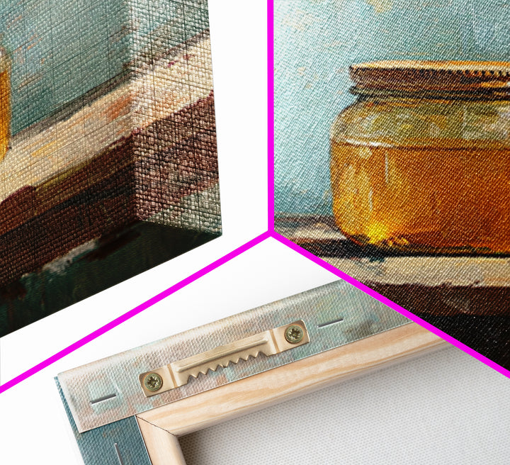 Golden Honey Jar Canvas Print, Rustic Kitchen Wall Art, Farmhouse Still Life Decor, Bee Lover Gift, Modern Home Decor Art