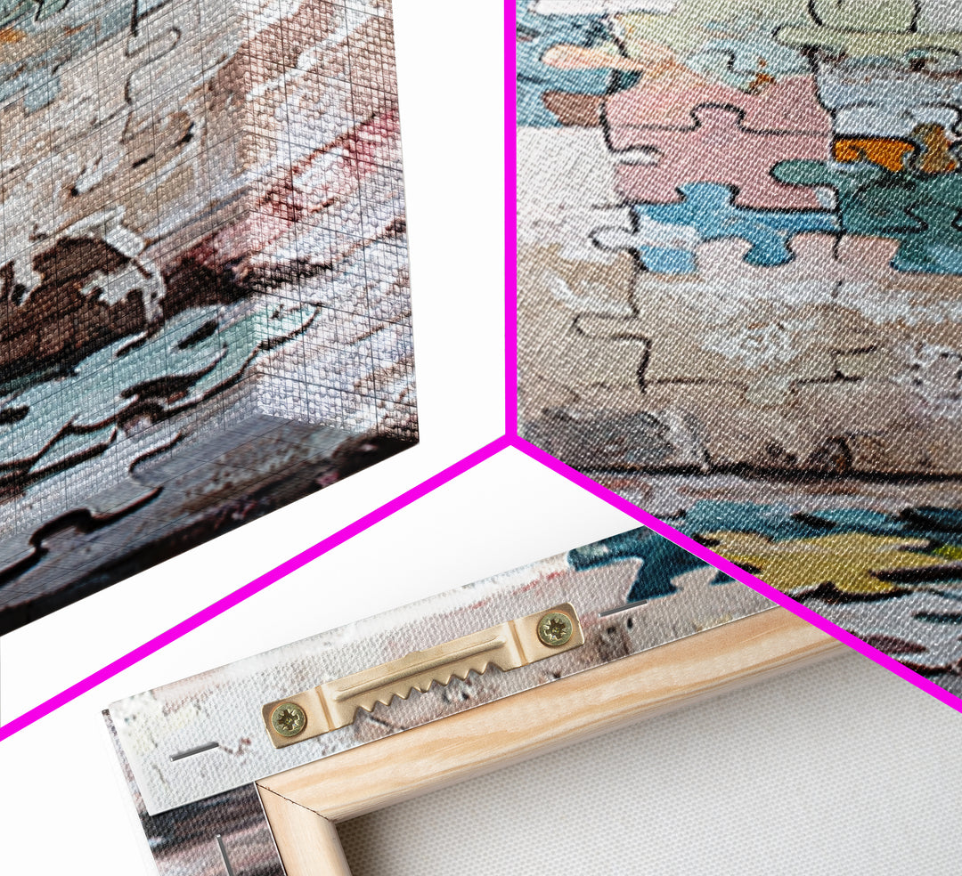 Puzzle Pieces And Bottle Still Life Canvas Print, Whimsical Wall Art, Game Room Decor, Eclectic Wall Art, Unique Gift, Living Room Decor