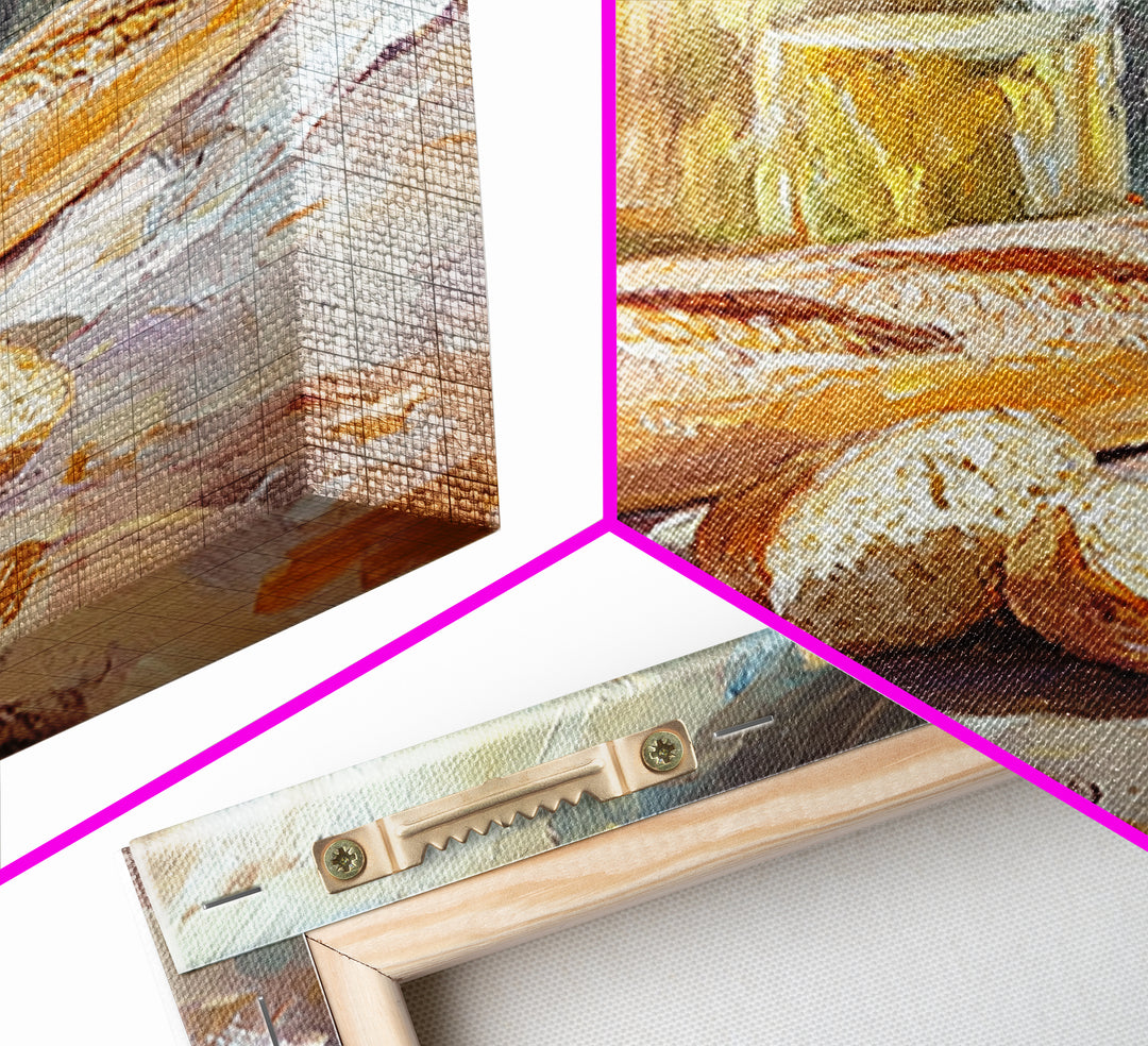 Rustic Baguette And Olive Oil Still Life Canvas Print, French Kitchen Wall Art, Bakery Decor, Food Lover Housewarming Gift